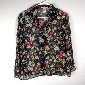 Notations Small Sheer Floral Button Blouse Black Cherry Daisy Lightweight Top